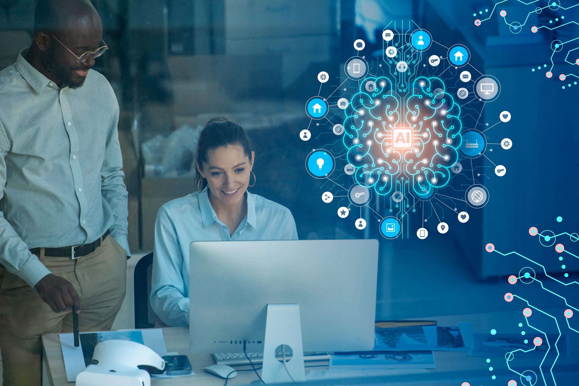 Illustration of mobile app development showing social media market and user engagement