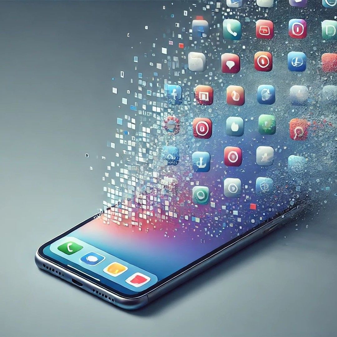 Illustration of mobile app development showing social media market and user engagement