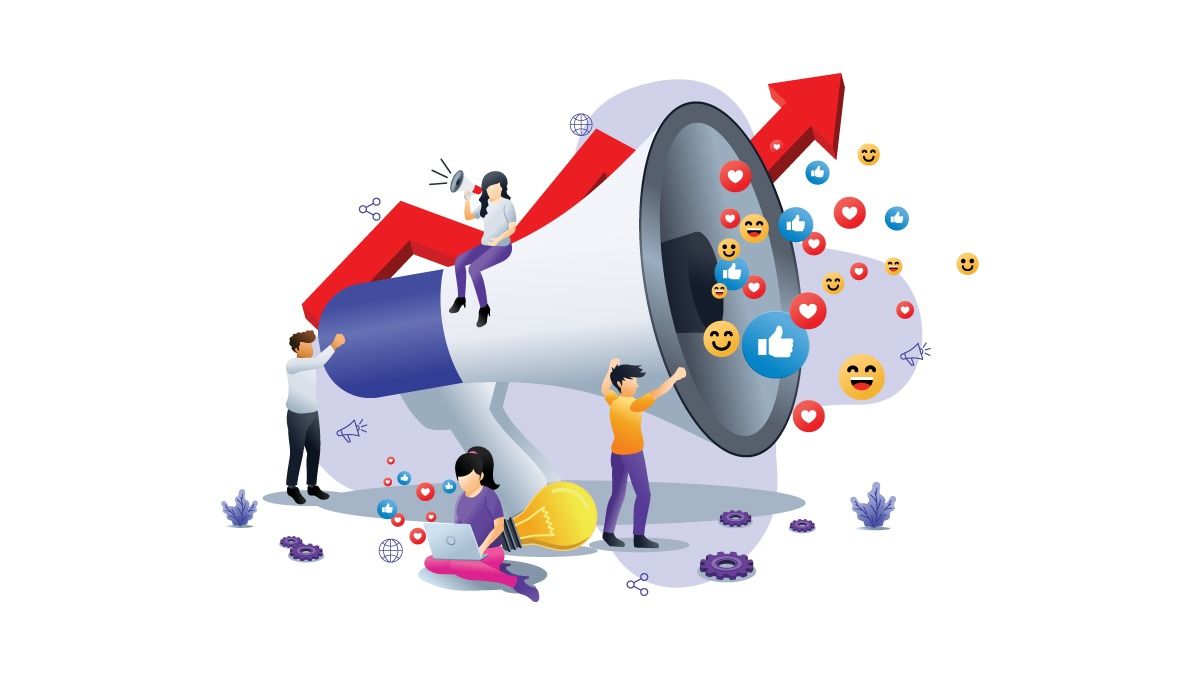 Illustration of mobile app development showing social media market and user engagement